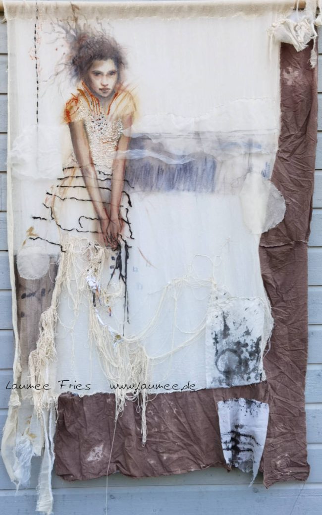 Textile art by Laumee Fries. Figurative work on recycled fabric, Natural paint and earth pigments
